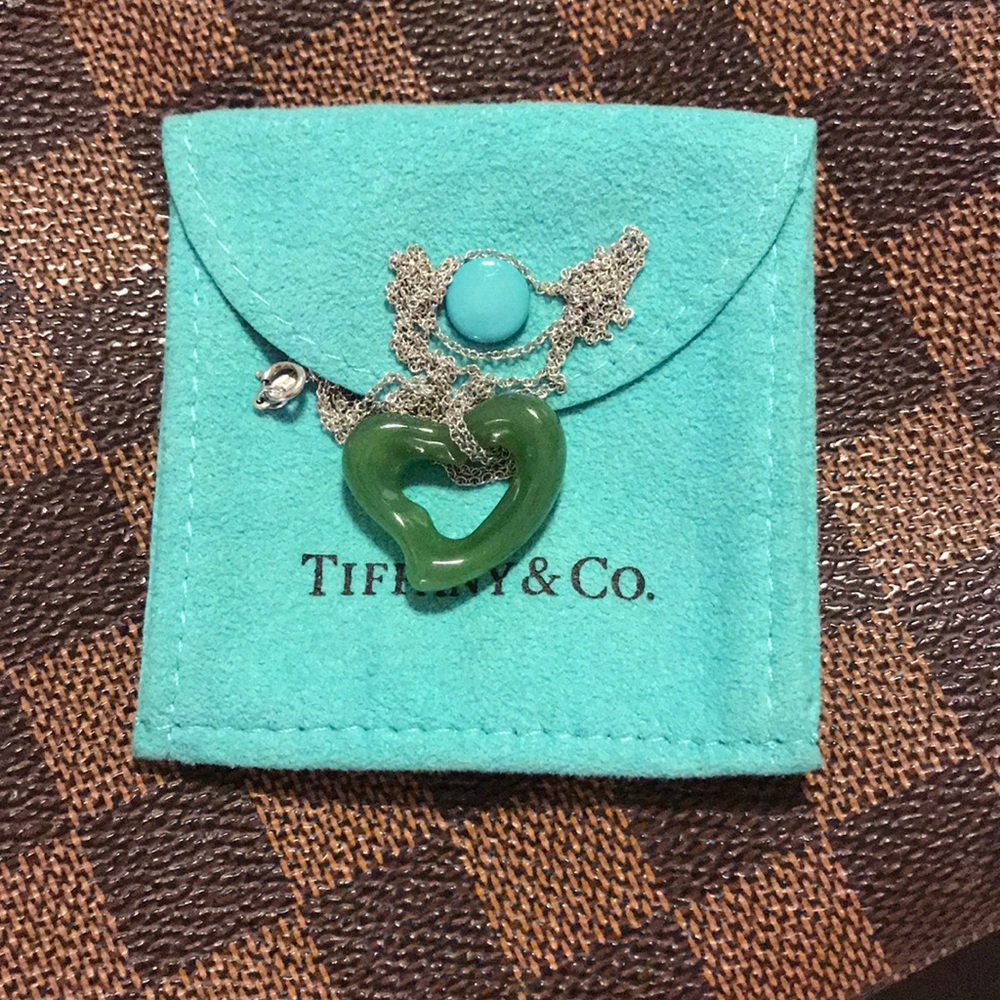 Tiffany & Co. Green Jade Open Heart Pendant Neck.